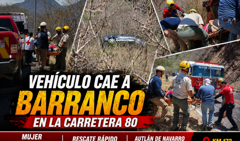 Vehículo cae a barranco en carretera 80; mujer resulta lesionada