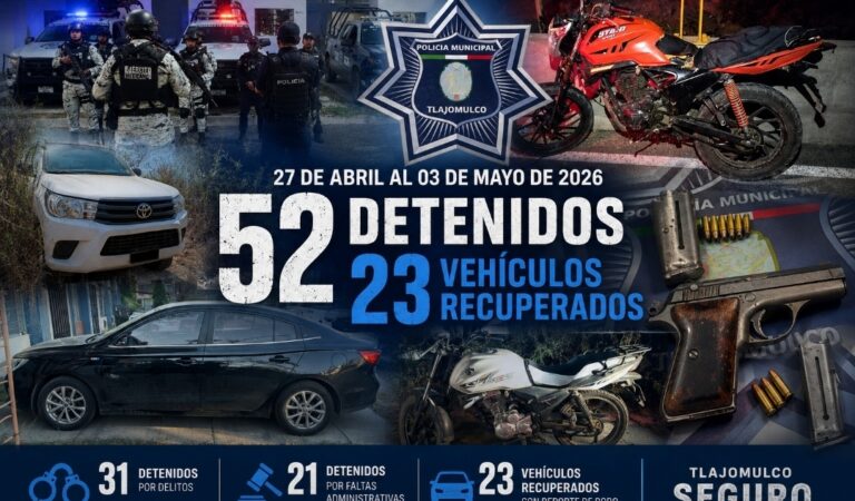 Tlajomulco reporta 52 detenidos y recuperación de 23 vehículos en una semana