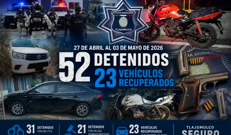 Tlajomulco reporta 52 detenidos y recuperación de 23 vehículos en una semana